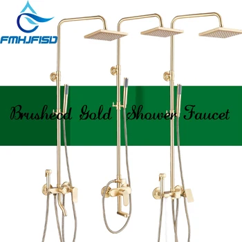 

Bathroom Brushed Gold Showe Faucet Wall Mounted 8" Rainfall With Bidet Shower Mixer Taps Brass Hand Shower