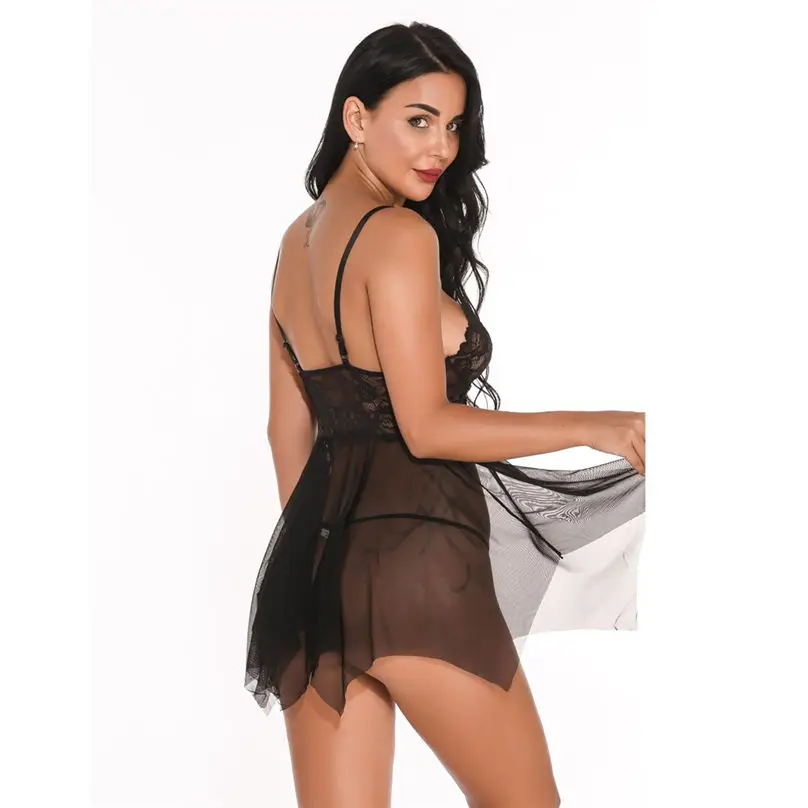 1 Set Sexy Lingerie for Women Erotic Transparent Babydoll Lace V Neck Mesh Sleepwear Dress Lingerie сексуальное белье 3Y29 (10)