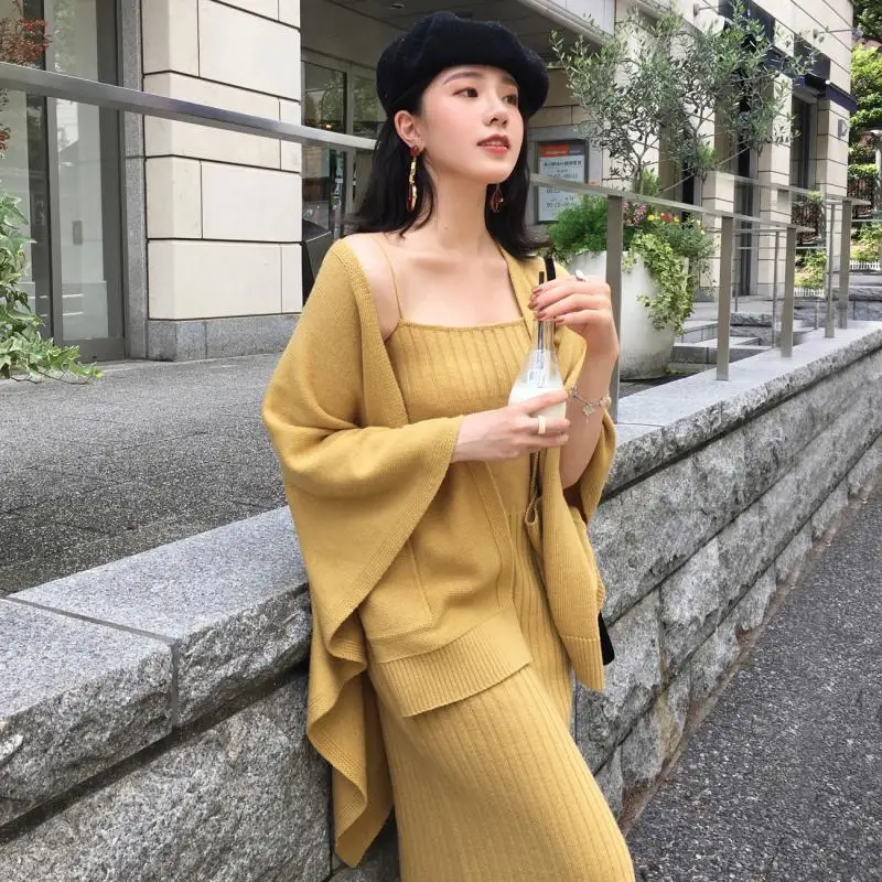 

2019 Spring And Autumn New Style Fashion Elegant Knitted Slip Dress Set Solid Color Sweater Cardigan Two-Piece Women's