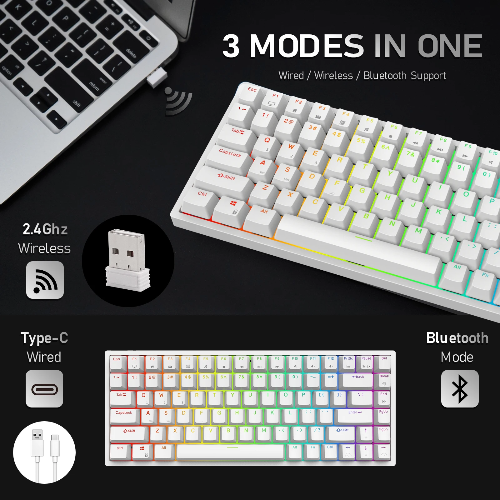 US $72.00 RK84 24Ghz WirelessBluetoothWired 80 Mechanical Keyboard 84 Keys 3 Modes Connectable Hot Swappable Gaming Keyboard