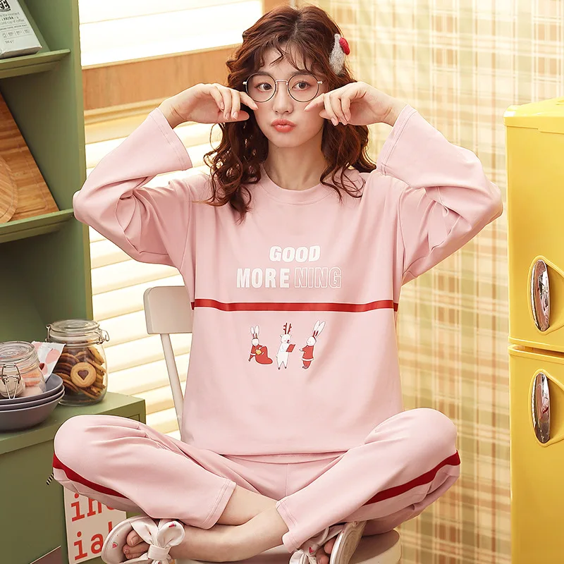 

6101 # Lettered Three Rabbit Pullover JZ Long Sleeve Korean-style Sweet Pajamas Tracksuit Piece Series