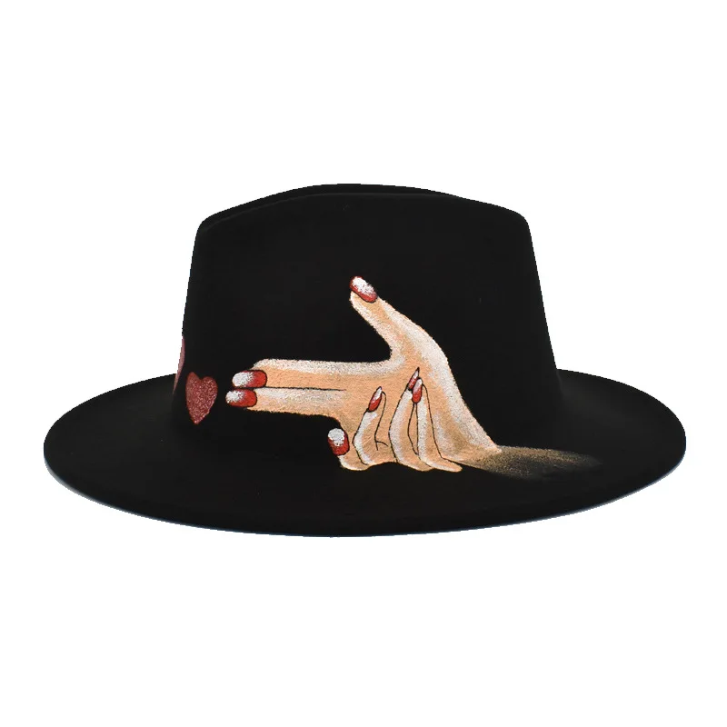 wide brim fedora hat Elegant Women's New Hand-Painted Woollen Hat Top Hat Men's Sun Hat Jazz Hat Fashion Vintage Wide Brim Fedora wool fedora hat