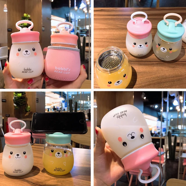 Kawaii Bear Transparent or Frosted Glass Water Bottle 6