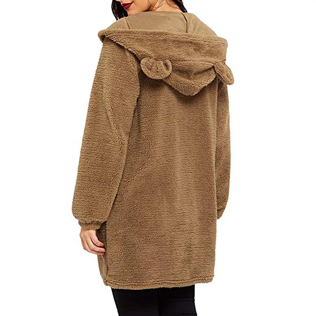 Womens Hooded Long Sleeve Bear Ear Teddy Tops Fleece Sweatshirt Fleece Hooded Fashion Simple Warm Hooded