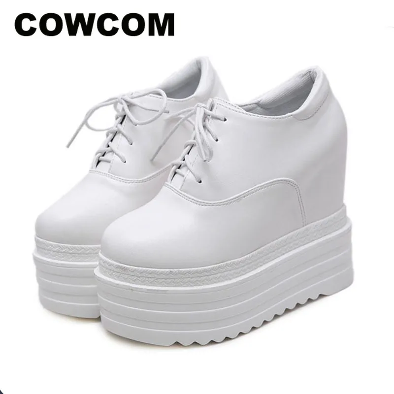 COWCOM/ г. Женские черные и белые ботинки на платформе модная обувь на шнуровке римская обувь на высоком каблуке, увеличивающая рост, с ремнем, JXQ-558-3