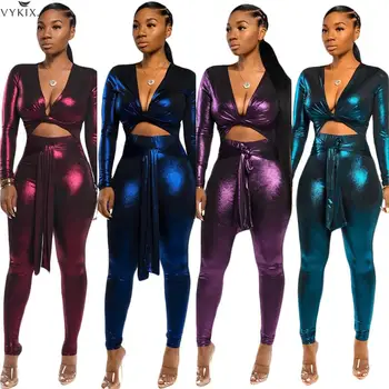 

Women Two Piece Outfits V-neck Crop Top Leggings Pants Suit Two Piece Set Slim Casual Sexy Overalls 2 Piece Outfits For Women