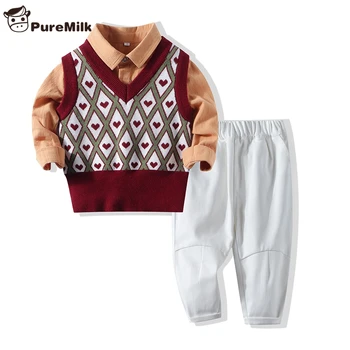 

PureMilk Baby Boys Clothing Set Sweat Vest+Shirt+ Pant 3pcs Set Mini Gentleman Baby Clothing Set