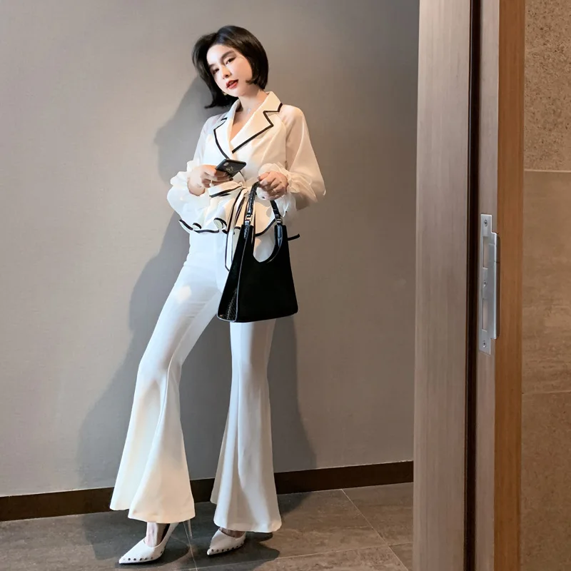 

Notched Collar Ruffles Vintage Party Casual Top and Office Elegant Long Bell-bottomed 2 Piece Set White Women Suit Pants Sets