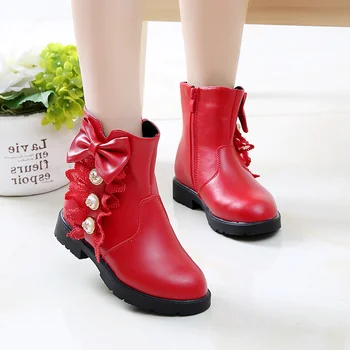 

MudiPanda Children's Boots Fashion Lace Bow Leather Girls Princess Shoes Winter New Slip Plus Velvet Warm Kids Snow Boots Red