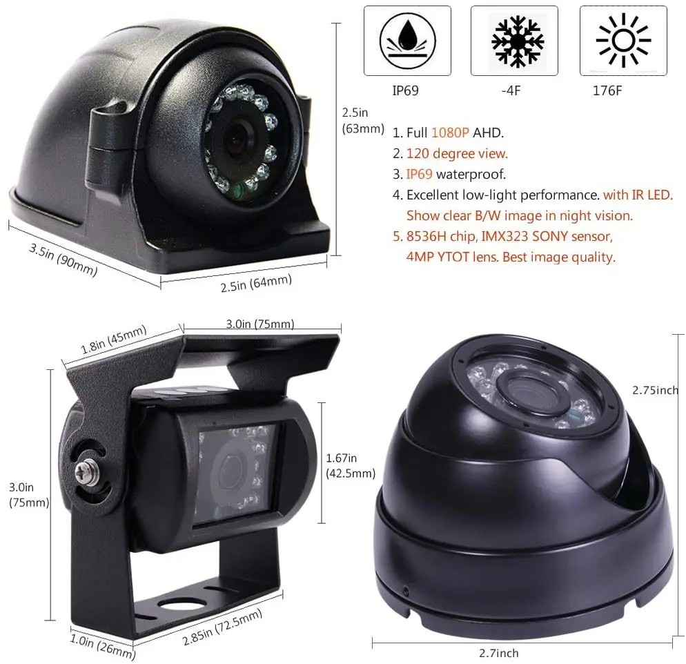 4CH 1080P Mobile Vehicle Car DVR MDVR Video Recorder System with 4 SONY IP69 Rear Side Front Camera for Truck Van Bus RV 7 VGA