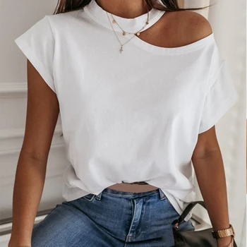 

Summer Loose Cold Shoulder T-Shirts Women Sexy Halter Solid Short Sleeve Fashion Tops Female 2020 Casual Streetwear Lady Tshirts