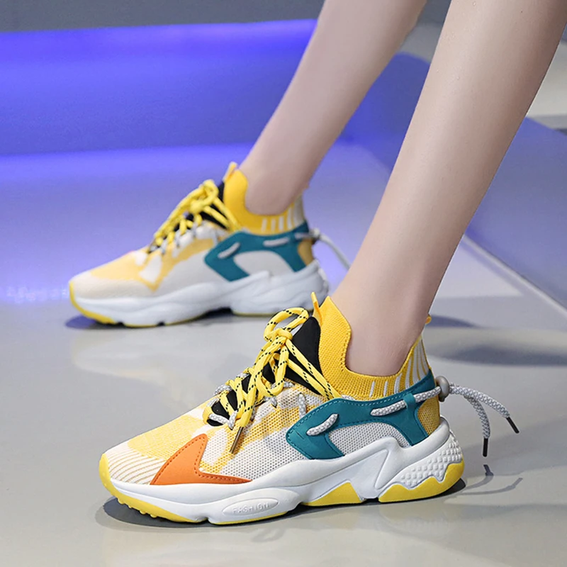 

Yellow Stitching Lace-Up Vulcanized Shoes Women Non-Slip Fitness Training Casual Shoes Outdoor Light Breathable Sneakers