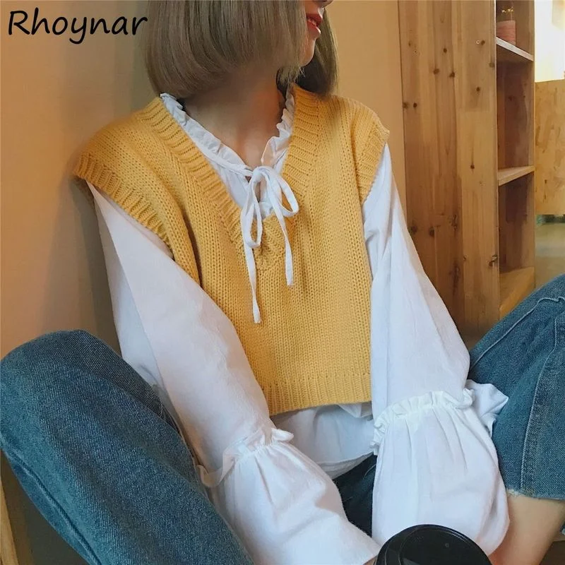 

Women Sweater Vest Cropped V-neck All Match College Kawaii Tender Sleeveless Ulzzang Fashion Street Wear Loose Young Daily Fall