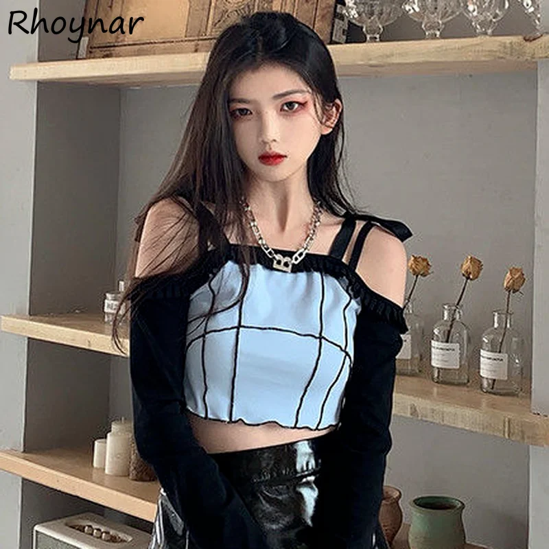 Camisetas Mujer Camisetas Patchwork Harajuku Streetwear Tops cortos Sexy de manga larga cuello Barra de volantes nuevo Ins Mujer - AliExpress Ropa de mujer