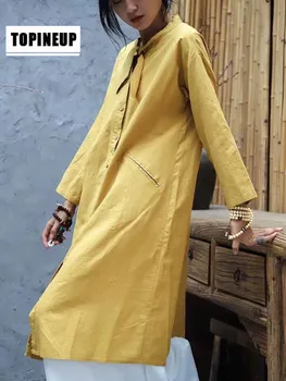 

Spring woman art retro Long Sleeve collar cotton and hemp Dress long blouse women