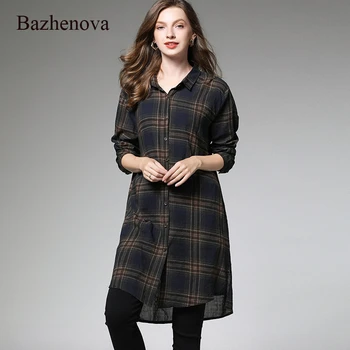 

Bazhenova Women Loose Plaid Shirt Girls Autumn Large Size Split Cotton All-match Blouse Woman Fashion Simple Tops R098