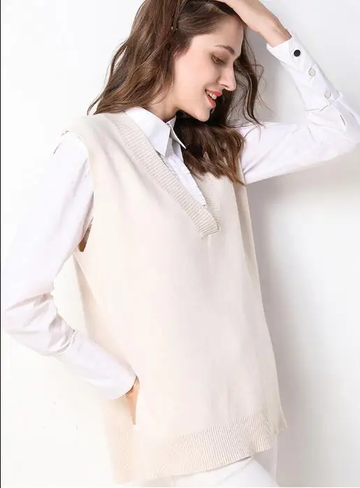 Beige GCAROL осенне-зимний женский 30% шерстяной вязаный жилет с v-образным вырезом с разрезом по бокам Асимметричный вязаный пуловер без рукавов свитер жилет XL - Цвет: Beige