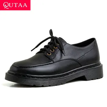 

QUTAA 2020 Cow Patent Leather Square Heel Comfort Women Single Shoes Casual Round Toe Lace Up New Spring Ladies Pumps Size 34-39