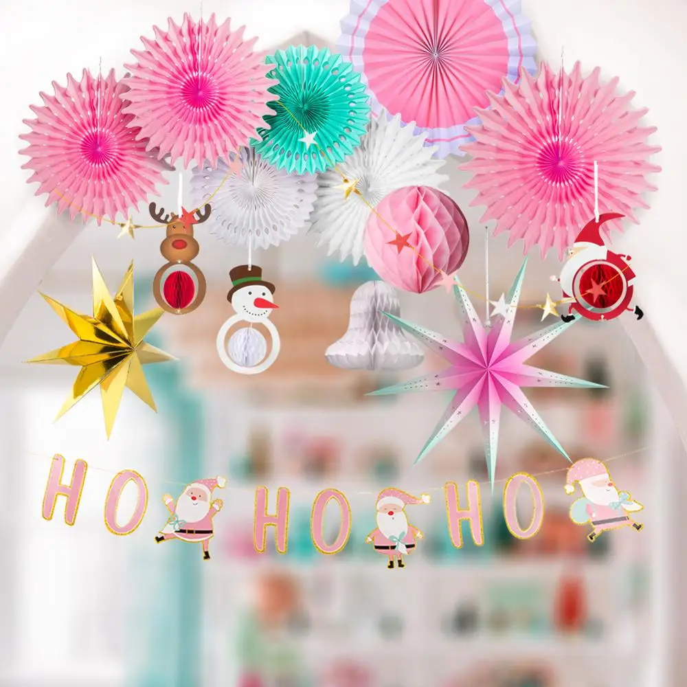 

15pcs/set Pink Christmas Decoration Gold Point Star Santa Claus Beehive Elk White Bell Honeycomb Snowman Pendant Xmas Decor