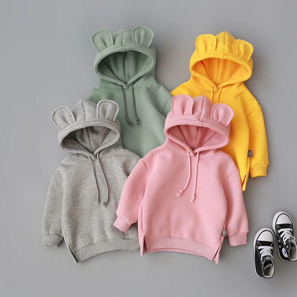  New Baby Fleece Hooded Solid Color Sweater Toddler Baby Kids Boy Girl Hooded Cartoon 3D Ear Hoodie 