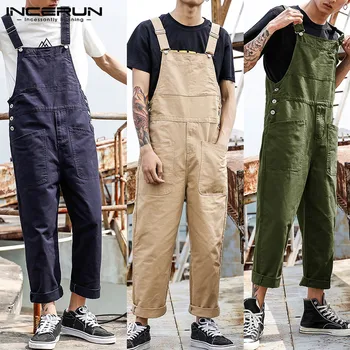 

INCERUN Men Jumpsuits Joggers Streetwear Solid Color Bib Pants Zipper Multi Pockets 2020 Fashion Suspender Casual Cargo Overalls
