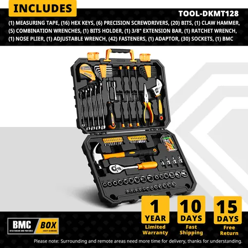 DEKO DKMT128/DKMT196 Home DIY Tool Set Auto Repair Combination Package Hand Tool Kit with Plastic Tool box, Screwdriver, Hammer - Image 8