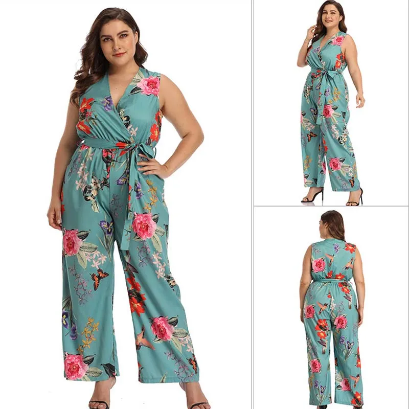 

Summer popular deep v neck pants new fashion printing belt sexy wide leg pants sleeveless casual women's trousers loose jumpsuit