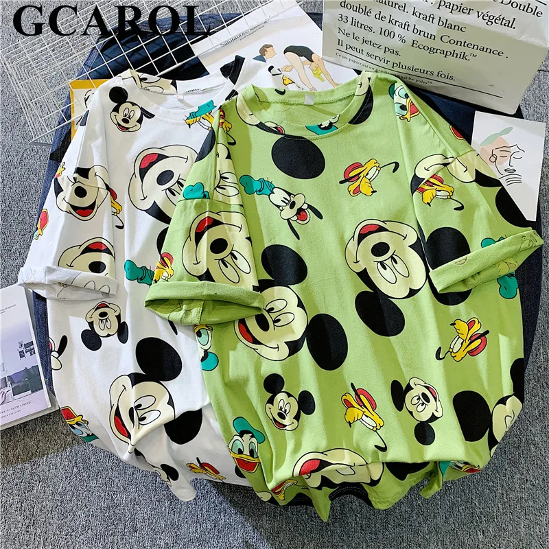 

GCAROL New Spring Summer Cartoon Graphic T-shirt Oversize harajuku Graffiti Long Tees Multi-design Base Tops Aesthetic clothes