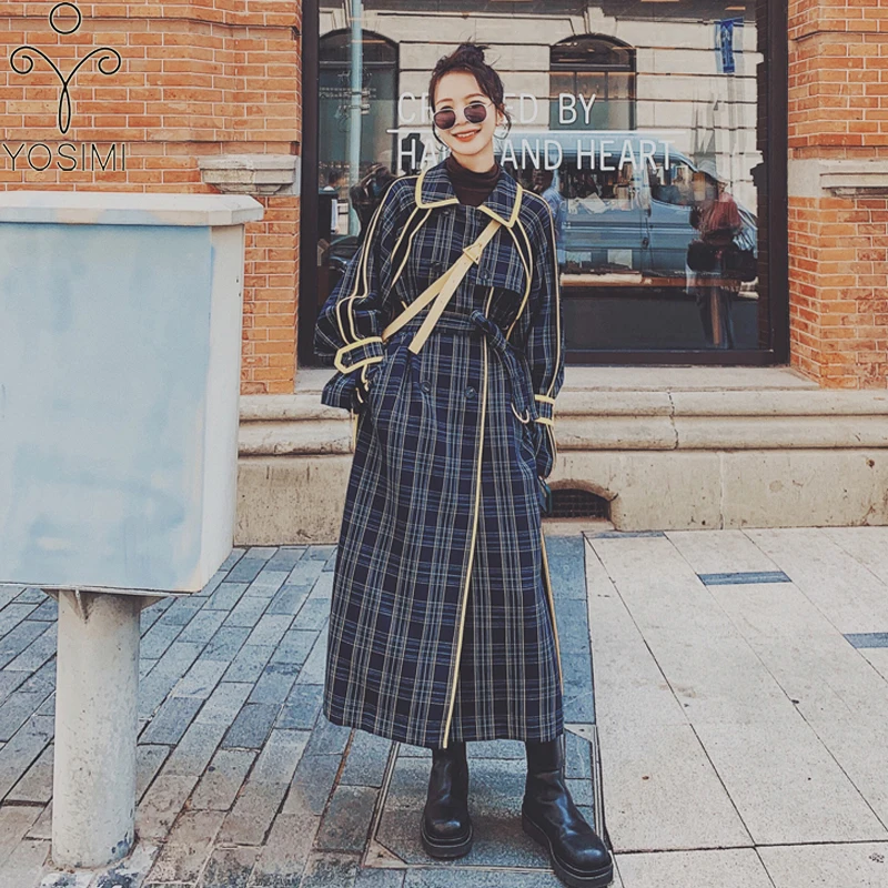 

YOSIMI Plaid Large Size Loose Windbreaker 2020 Autumn Winter Turn-down Collar Bat Sleeved Full Sleeve Long Women Trench Coats