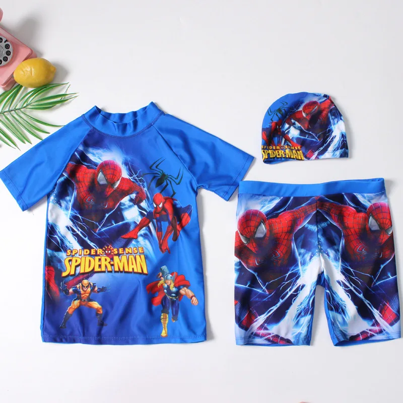 

2019 Europe And America New Style Split Type BOY'S Swimsuit Send Swimming Cap Short Sleeve Shorts Spider-Man Ultra-stretch Quick