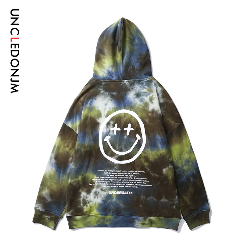 UNCLEDONJM Hip Hop Tie Dye Smiling Face Print Hooded Sweatshirts Hipster Casual Pullover Hoodies Streetwear Men Fashion | Мужская одежда