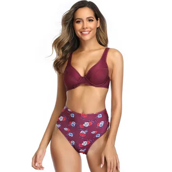 

Sexy Push Up Bikini High Waist Bathing Suit Floral Print Bikini Set Burgandy Swimwear Swimming Bather Suit 2020 New Hot Swimsuit