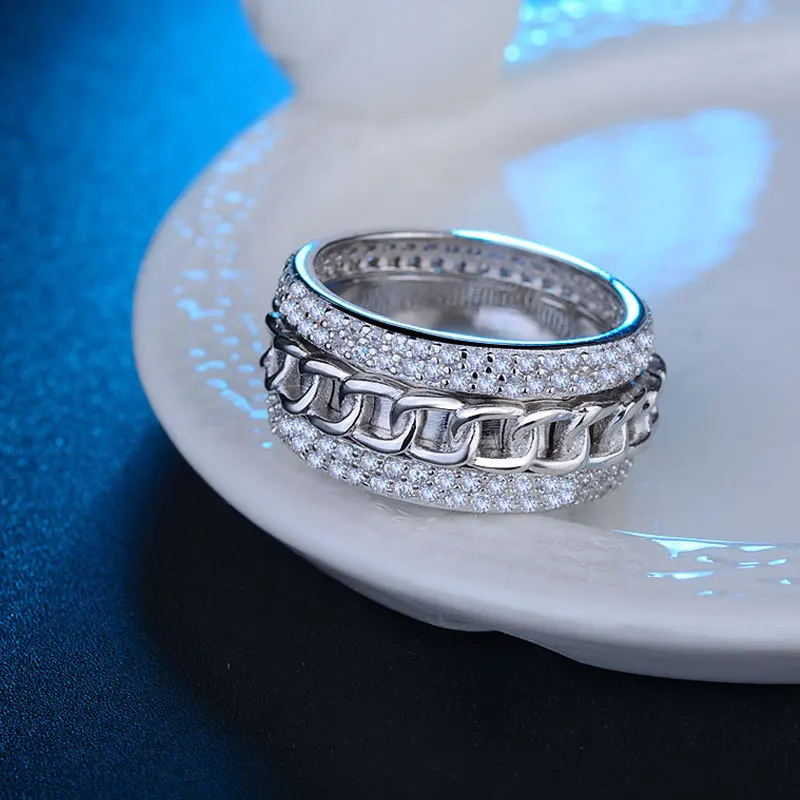 

Men's 925 Silver Vintage Rotating Fashion Ring Mosaic Zircon Chain Swivel Ring for Men Birthday Festival Gift Jewelry Width 10mm