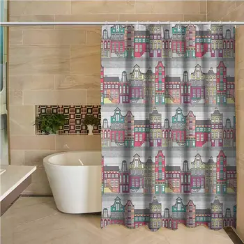 

Dutch Precision Custom Shower Curtain Traditional Colorful Amsterdam Houses Sketch Style Architecture Themed Illustration Modern