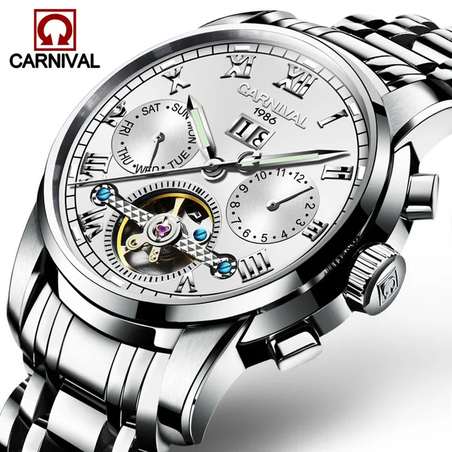 Новинка, карнавальные Tourbillon, автоматические механические часы, бизнес часы из нержавеющей стали, мужские часы, Топ бренд, роскошные часы - Цвет: Многоцветный