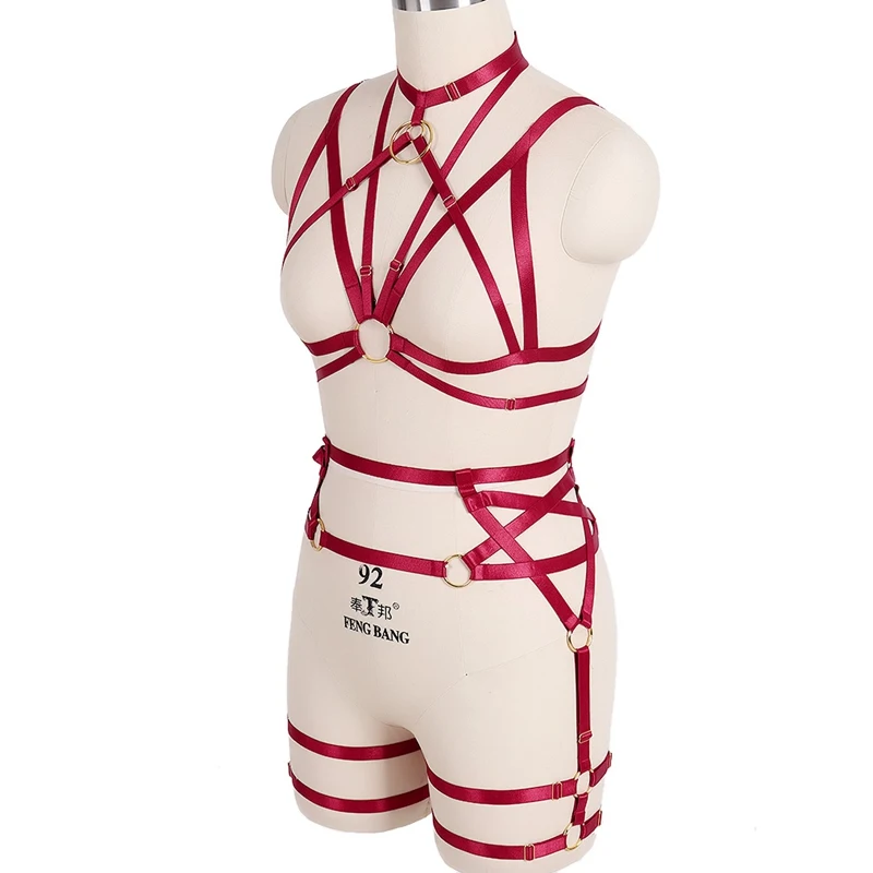 Full Body Harness Bra Red Tops Elastic Strap Pentagram Garter Belt Suspender Carnivals Dance Punk Gothic Lingerie Plus Size