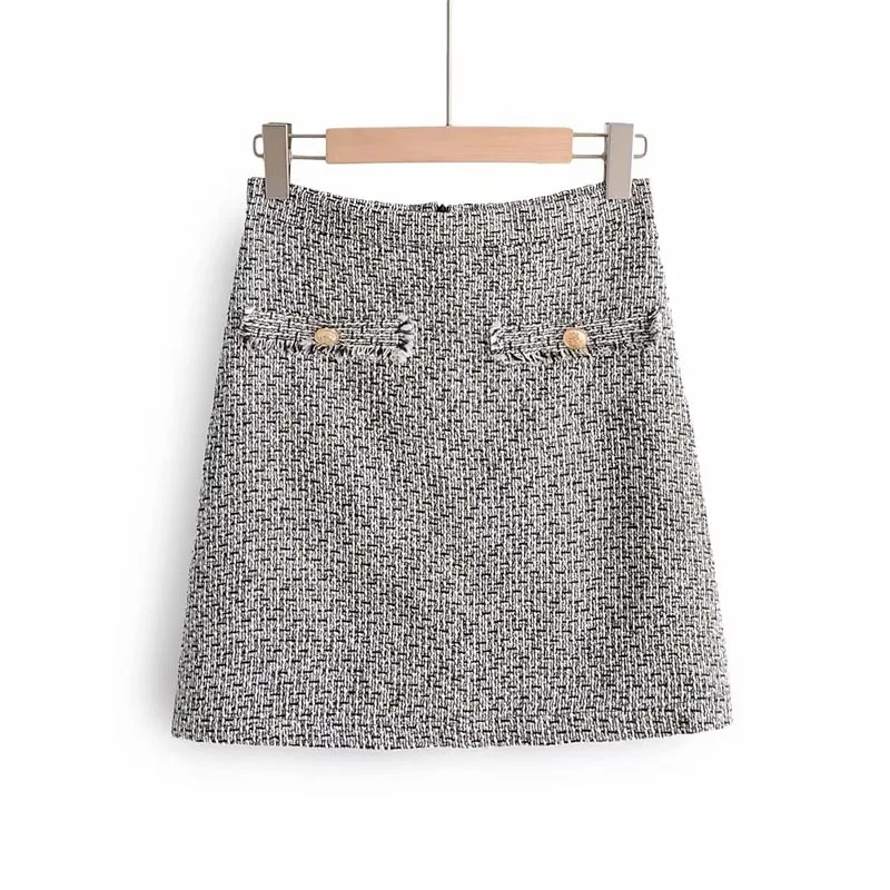 

QZ309 Autumn Winter New Design Two Buttons Deco Houndstooth Pattern Tweed Skirt Soft Twill A-Line Saias