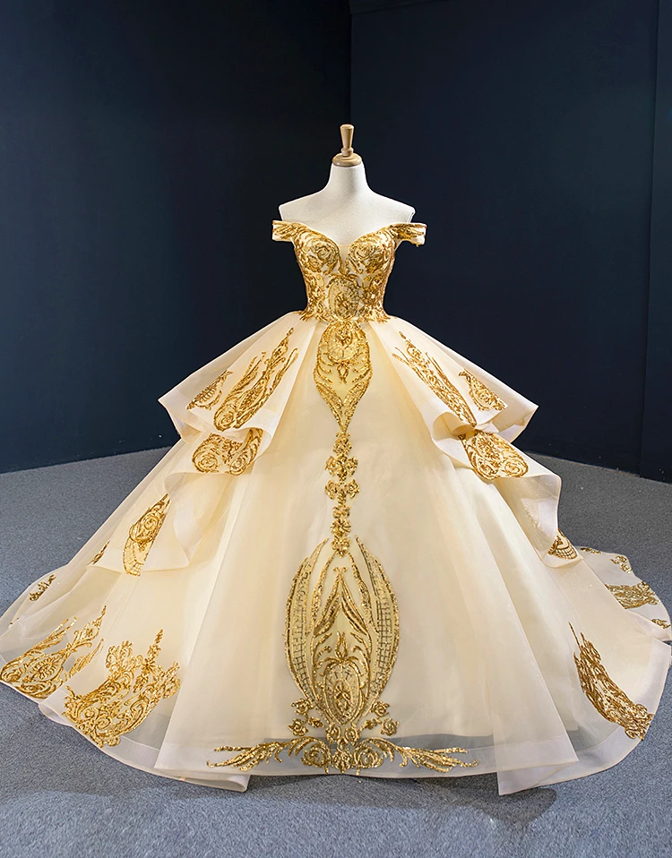 Robe De Soiree, роскошное бальное платье с открытыми плечами, свадебное платье, Аманда новиас, Абито-да-споса, блестящее Золотое свадебное платье цвета шампанского