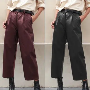 

Women's Wide Leg Pants ZANZEA 2020 Fashion PU Leather Trousers Casual Button Zip Long Pantalon Female Black Turnip Plus Size