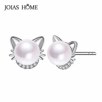 

JoiasHome 925 sterling silver earrings creative pearl with cat shape earrings animal shape female exquisite jewelry wedding gift