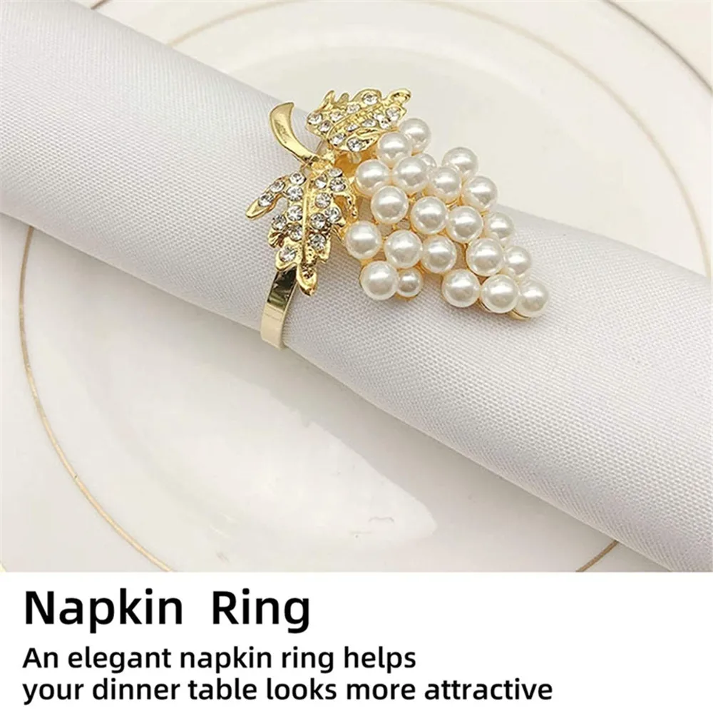 6pcs Grapes Napkin Rings Set With Glittering Fake Diamond Pearls Alloy Napkin Ring Holder For Parties Holiday Daily