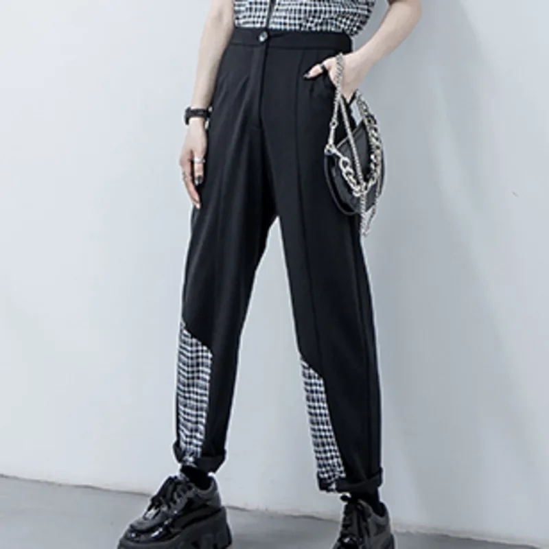 

XUXI High Waist Rectangular Plaid Straight Spring Pants Women Streetwear Drape Collage Wide Leg Casual Pantalon Femme FZ1912