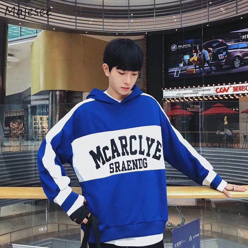 Мужские толстовки с капюшоном, бархатные толстовки для отдыха с буквенным принтом, мужские лоскутные пуловеры в Корейском стиле Ulzzang, трендовые пуловеры для студентов