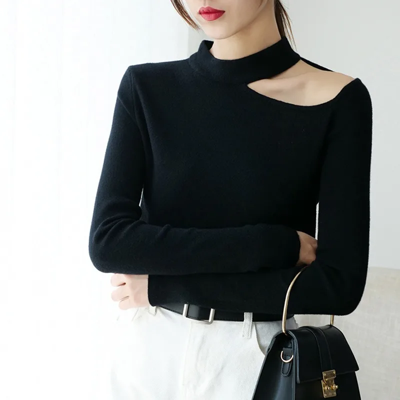 

Black Sweater Women Fashion Temperament Sexy Off The Shoulder Solid Sweater Sexy Slim Turtleneck Knitted Pullover Sweaters