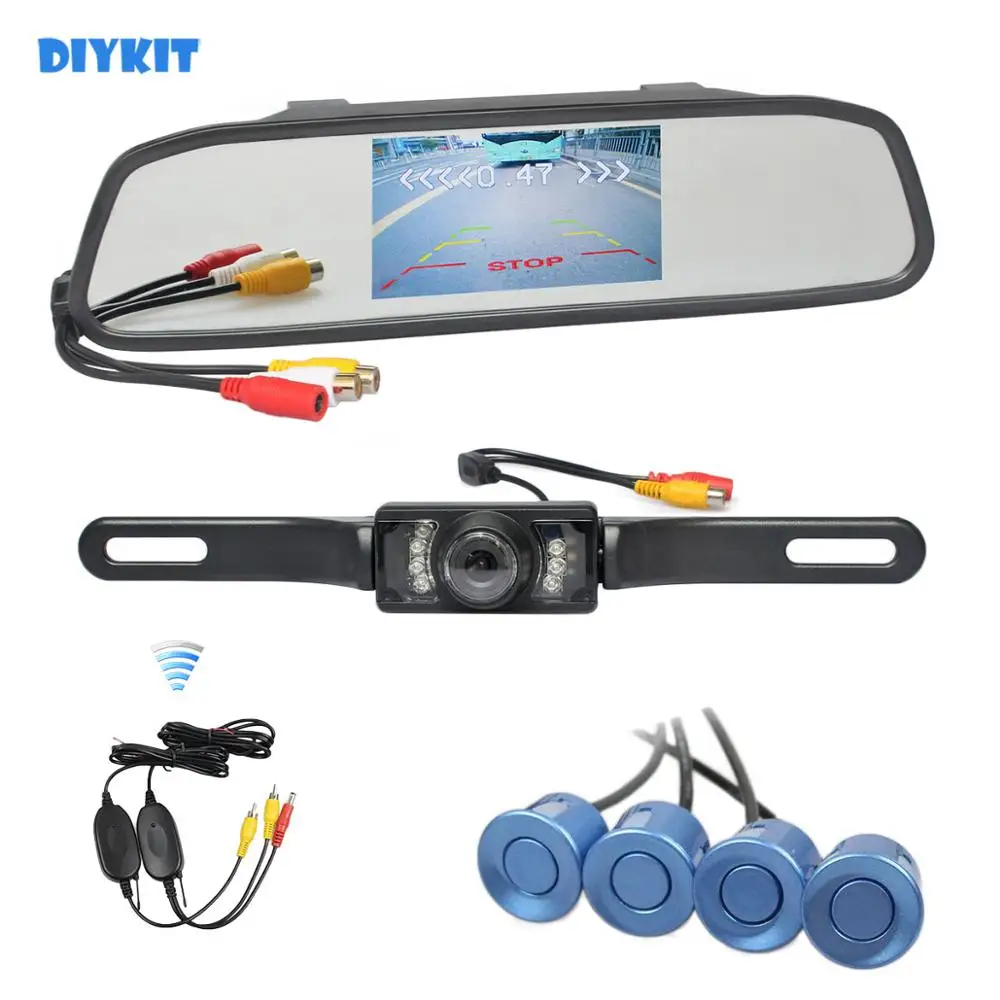 Diykit Беспроводной Видео парковочный радар 4.3 дюймов Зеркало автомобиля Мониторы + ИК заднего вида Камера 4 Датчики Парковочные системы