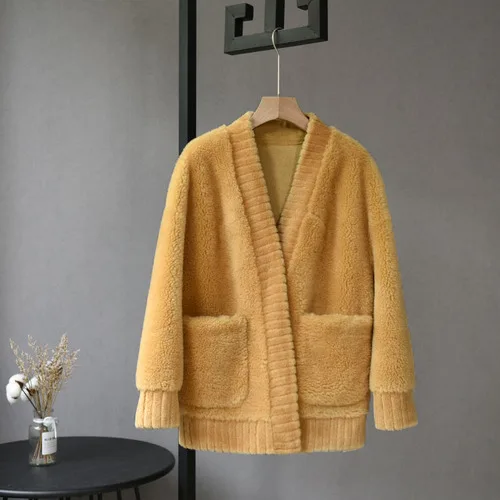 Yellow Женское пальто с натуральным мехом, осенне-зимняя куртка, Корейская стрижка овец, шерсть, меховые пальто и куртки, женская одежда,, топ Hiver 19062 - Цвет: Yellow