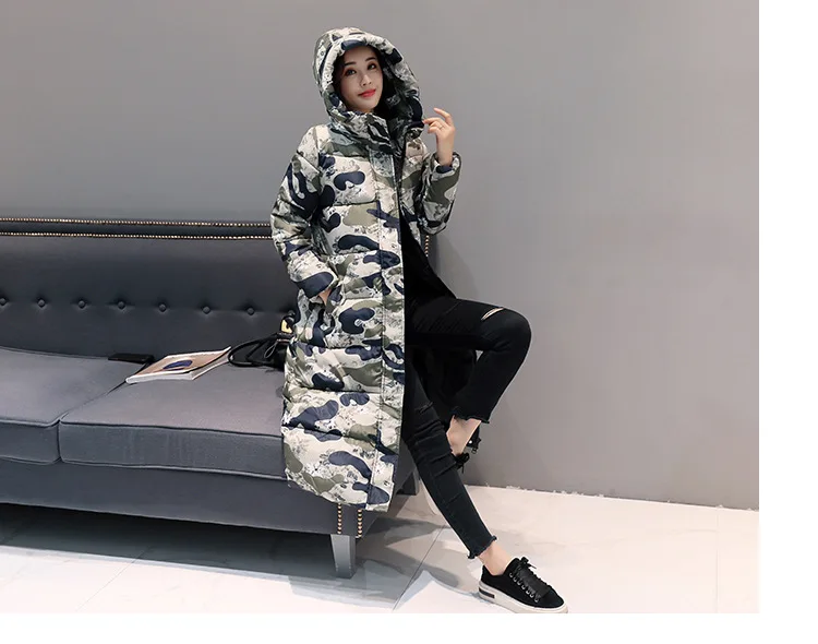 New Style Camouflage Hooded Cotton-padded Clothes Women's Winter Mid-length over-the-Knee Cotton Coat Hooded Thick Slim Fit