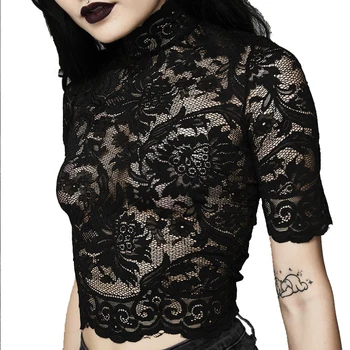 

Goth Dark Style Black Color Lace Hollow Out Women's Top and Blouses Harajuku Slim Summer Chiffon Shirts Thin Blusas Femininas