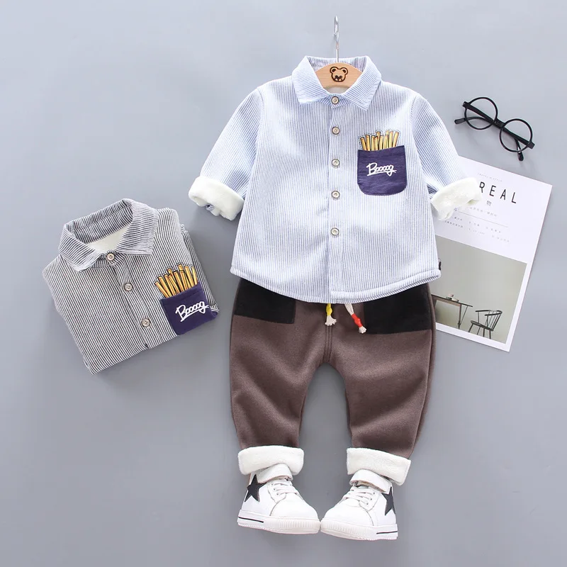 

2019 New Style Short Sleeve Big Boy cmwz-Printed French Fries Stripes Lapel Shirt Cotton-padded Trousers Set