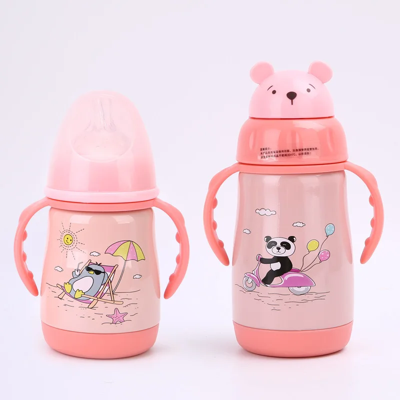 

Stainless Steel Thermal Feeding Bottle against Flatulence Automatic Straw with Handles Training Glass 0-3 Years Old Baby Supplie